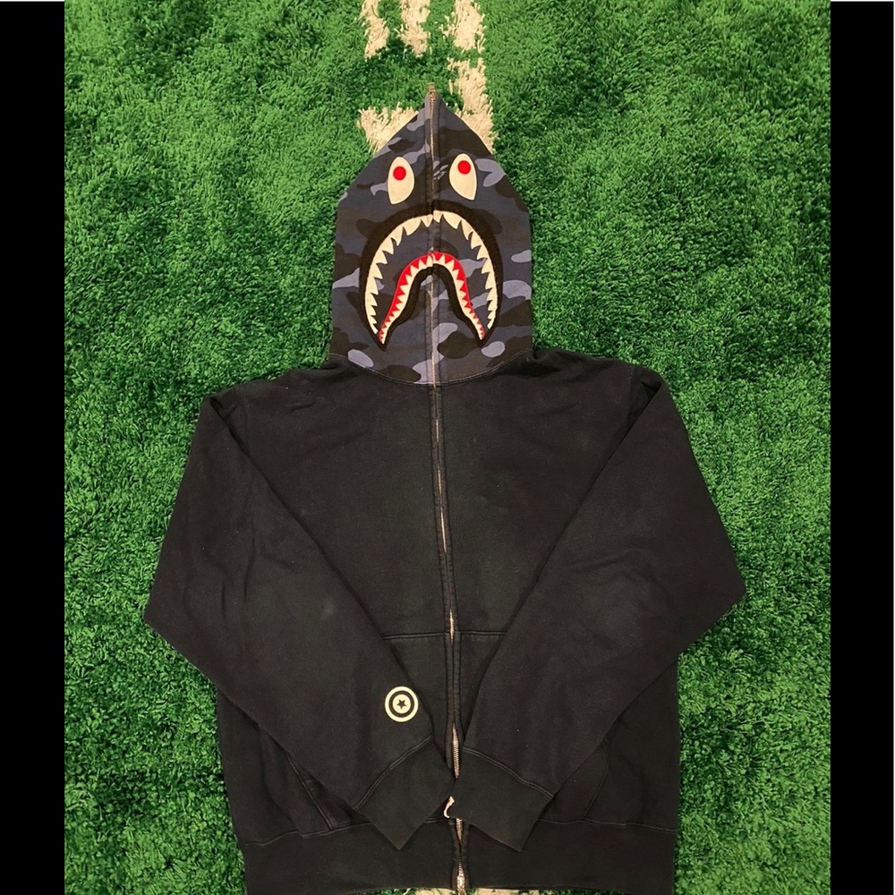 Rare A Bathing Ape Shark Zip Up Navy Blue Camo